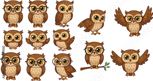 Cartoon Owl Characters in Various Cute Poses – Forest Animal Clipart for Education, Nature Themes, and Lifestyle Illustrations