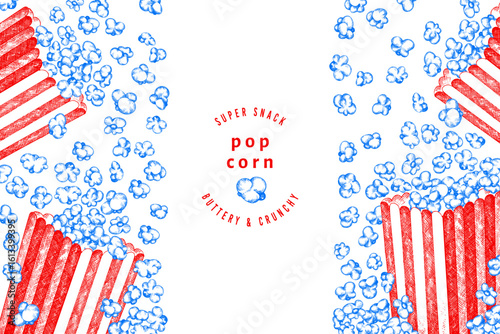 Hand Drawn Vector Pop Corn Illustration. Not AI Generated. Movie Night Background. Old Fashioned American Culture Banner. Vintage Popcorn Design Template.