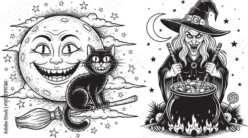 Witch and Cat Halloween Vintage Scene