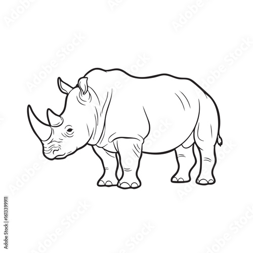 Majestic rhinoceros standing profile view black and white illustration animal wildlife