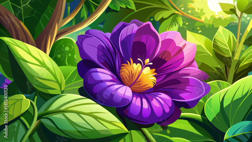 A close up of purple flower and green leaf in garden under summer sunlight shows vibrant textures and soft shadows. Semi-realistic detail brings life, warmth, and elegance to this peaceful garden mome