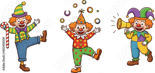 Cheerful Cartoon Clowns Performing Fun Acts with Props – Juggling, Dancing, and Announcing – Perfect for Kids' Party Themes