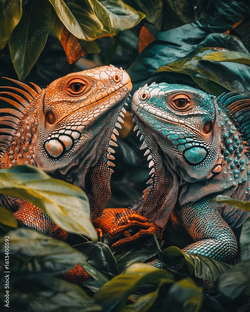 Fototapeta premium Two colorful iguanas with vibrant skin tones peering at each other amidst lush green foliage.