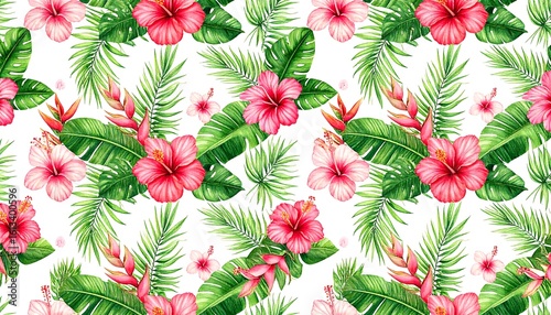 Watercolor tropical pattern with hibiscus flowers and green leaves background