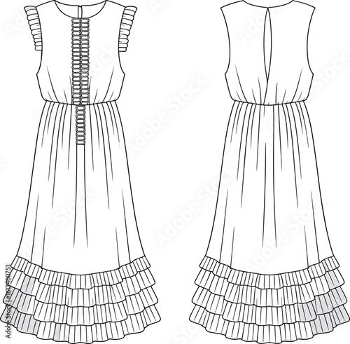 Sleeveless layered ruffle hem dress with front button placket, flutter sleeves, back keyhole, flat sketch, CAD vector illustration
