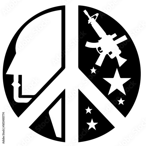 Peace symbol with surveillance camera and gun in black and white graphic design illustration