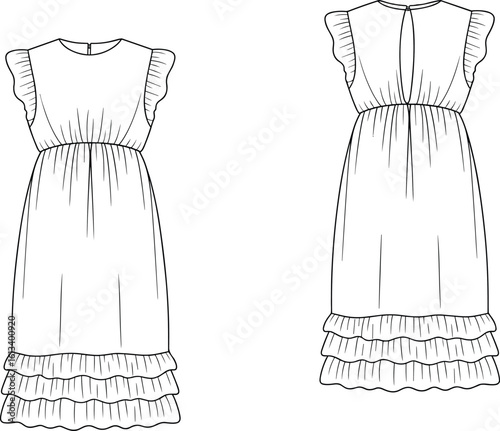 Sleeveless midi dress with ruffle hem and flutter sleeves, gathered waist, back keyhole, CAD drawing flat vector illustration