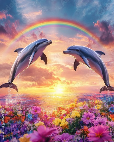 Two playful dolphins leap joyfully over a vibrant flower-covered shore with a stunning sunset and rainbow in the background.