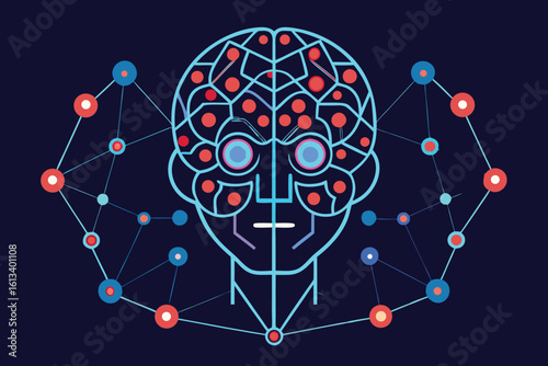 Abstract geometric illustration of a human face and neural network in a modern digital art style