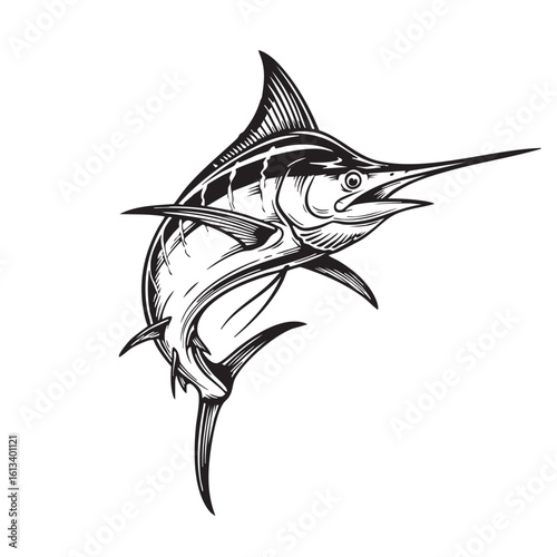 Marlin leaping from water black and white illustration fish ocean