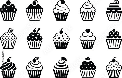 Fifteen black and white cupcake icons with varied toppings on a white backdrop