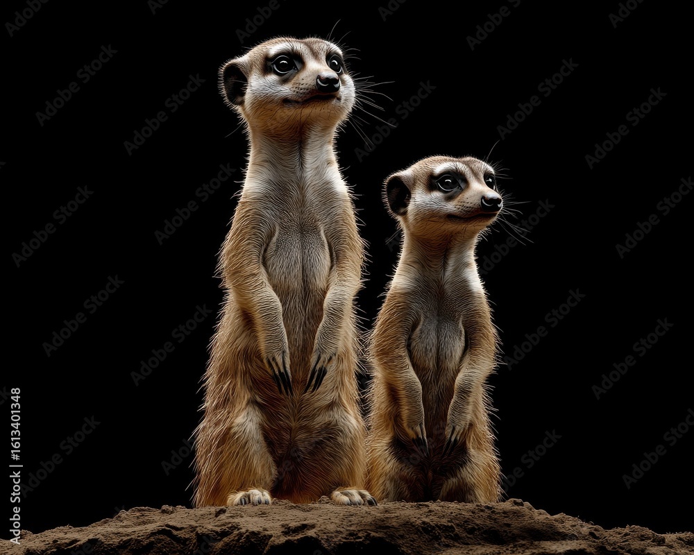 Fototapeta premium Two adorable meerkats stand alert on a mound, showcasing their playful nature against a dark background.