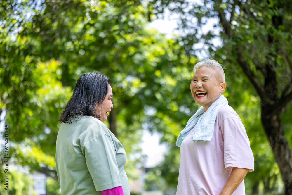 Healthy beautiful confidence attractive senior Asian grandmother and her friend are laughing after morning jogging exercise in the public park for longevity, active, happiness, aging and mental health Healthy beautiful confidence attractive senior Asian grandmother and her friend are laughing after morning jogging exercise in the public park for longevity, active, happiness, aging and mental health