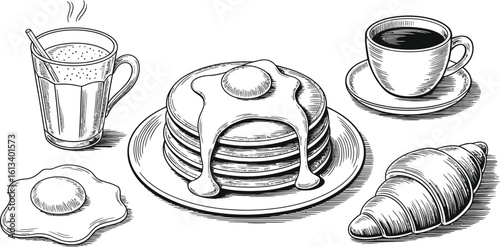 Illustration of breakfast items with pancakes egg croissant and coffee cup