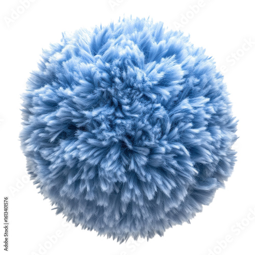 Soft blue pom-pom made of fuzzy yarn sits on a plain surface showcasing its fluffy texture and vibrant color on transparent background