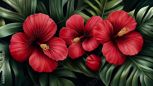 Vibrant Red Hibiscus Blooms Amidst Lush Tropical Foliage, Evoking Exotic Natural Beauty for Summer Celebrations and Botanical Prints