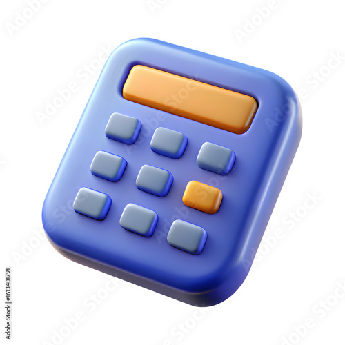 Cute 3d rendered blue calculator with orange buttons