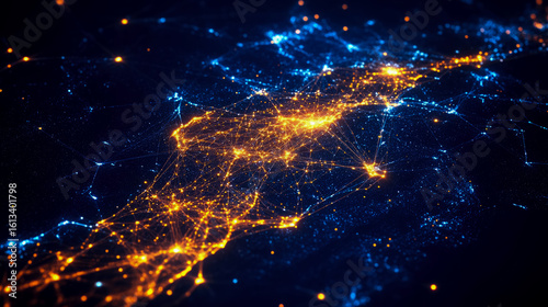 Abstract global digital network with glowing data connections and bright light nodes, representing modern technology communication flow, for abstract background or conceptual illustration.