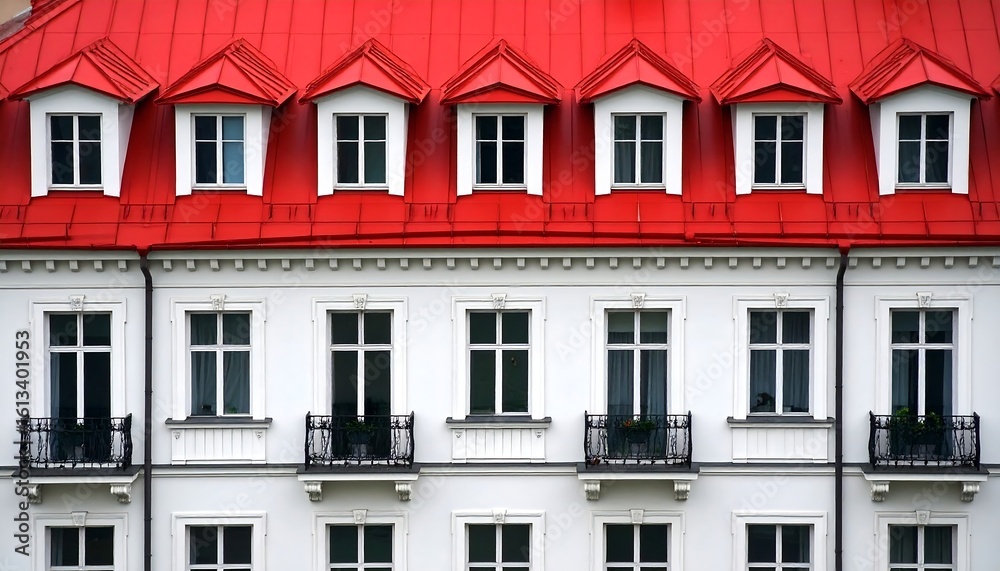 Obraz premium White Building Facade with Red Roof and Dormer Windows Repeating Pattern Architecture