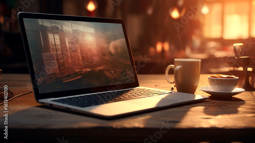 Photo of a laptop sits on a wooden desk next to a cup of coffee in a warm and inviting cafe setting
