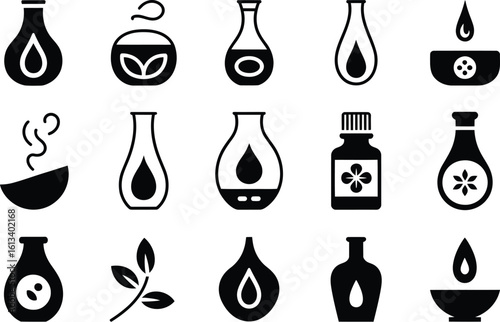 A collection of essential oil diffuser and aromatherapy icons in black and white