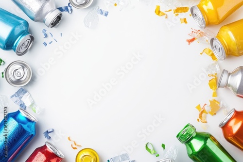 Colorful recyclable cans and bottle frame with confetti on white background