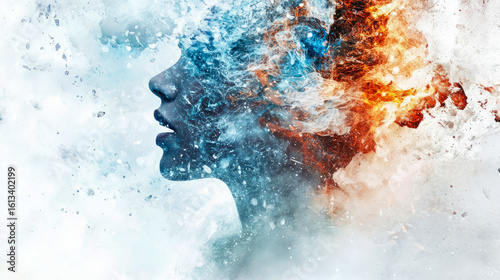 An abstract portrait of a human mind, showcasing the powerful duality of emotion and thought, blending cool blue and warm fiery elements in a dynamic splash, ideal for conceptual art and contemplativ