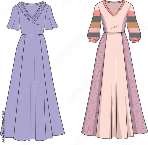 Stylish long sleeve maxi dresses flat sketch, fashion design front view, digital cad illustration with prints, ruffle and color detail