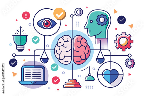 Illustration of the human brain and mind in equilibrium depicting vision thoughts logic and creativity with checkmarks