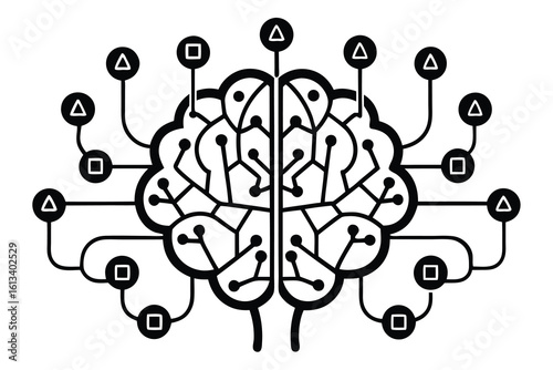 Stylized black and white illustration of a brain symbolizing artificial intelligence and neural networks