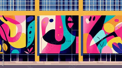Abstract artistic facade of a modern urban building with vibrant colorful contemporary shapes and bold window frames, ideal for contemporary wall art or promotional material.