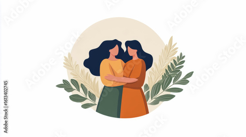 A comforting flat illustration of two women in embrace, surrounded by organic foliage, embodying emotional support and partnership, ideal for a heartfelt greeting card or print.