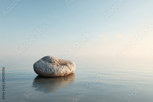 in photorealistic ultraminimalist style capture tranquil water scene featuring single stone resting on ocean