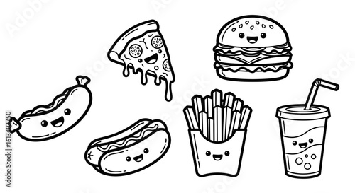 A charming collection of kawaii fast food characters in a black and white outline style. This set includes a smiling burger, pizza slice, and fries.