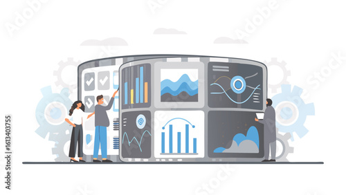 Illustration of a dashboard with graphs and charts being reviewed by a team of three people in an office