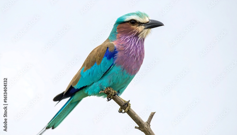Fototapeta premium Vibrant lilac breasted roller perched gracefully on a delicate branch in the savanna