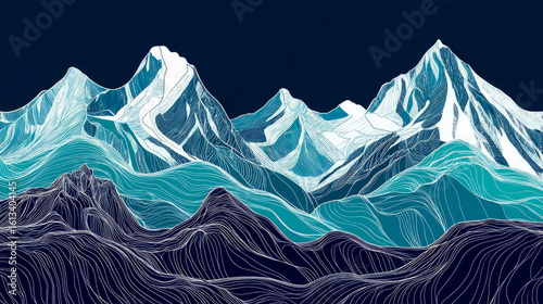 Abstract mountain landscape showcasing majestic snowy peaks and rolling hills in a vibrant blue and white line art composition, suitable for a striking artistic print or banner.
