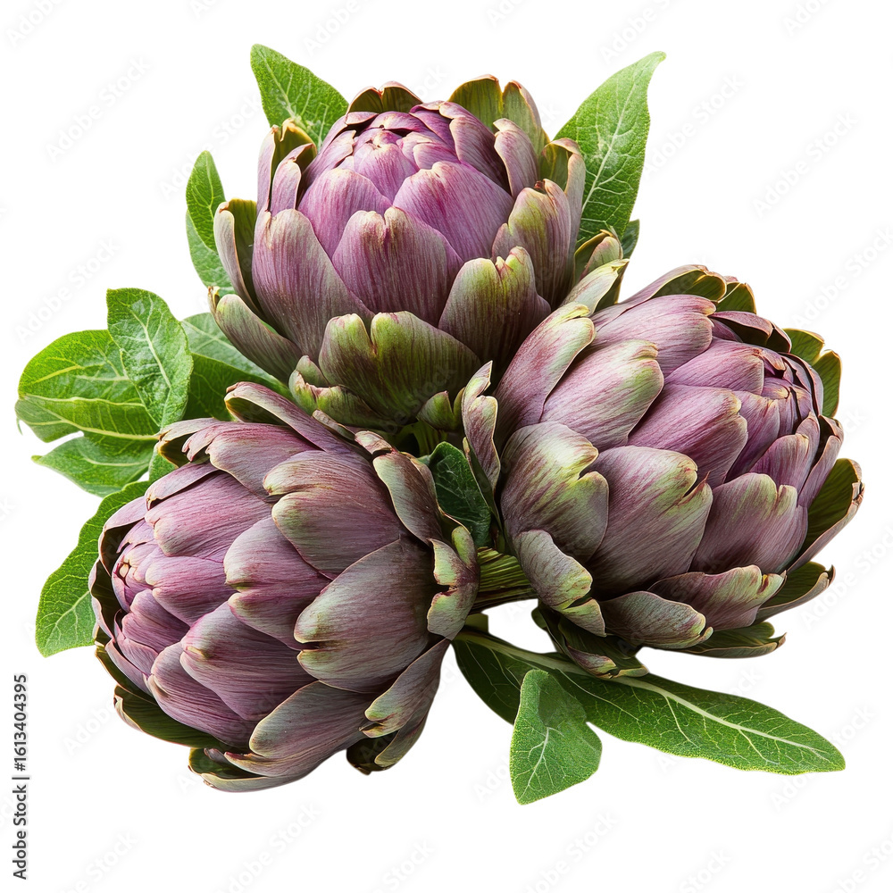 Fototapeta premium Fresh artichokes arranged with leafy green stems on a white background showcasing vibrant colors and natural textures on transparent background