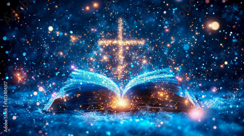 An open scripture illuminating with golden light and a celestial cross, symbolizing spiritual wisdom and divine revelation for contemplation or celebratory card.