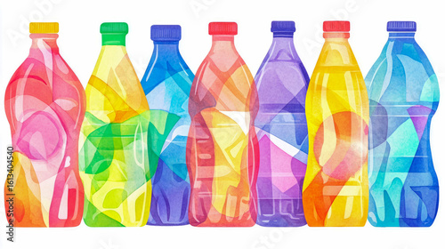 A vibrant arrangement of translucent beverage containers, featuring a spectrum of watercolor-inspired hues for a refreshing, abstract presentation, ideal for hydration branding or wellness promotion.