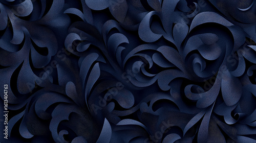 An elegant flowing abstract pattern in deep navy blue, resembling organic shapes or fabric folds, suitable for digital art and modern decor.
