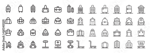 Collection of Luggage Icons Depicting Various Types of Bags and Transportation Equipment in Outline Style on Transparent Background for Travel and Logistics