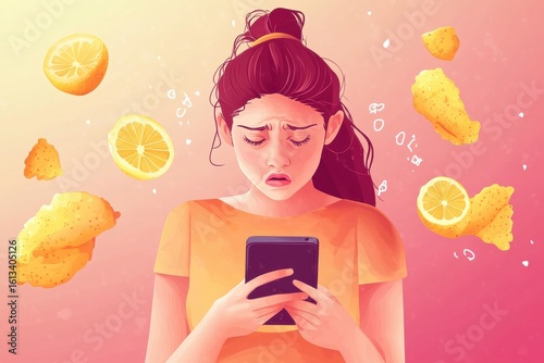 A young woman looking frustrated while checking her phone, surrounded by lemons and snacks, conveying a playful mood.