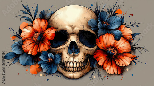 Artistic illustration of a human skull adorned with vibrant blue and orange blooms, celebrating Dia de los Muertos, suitable for cultural event art.