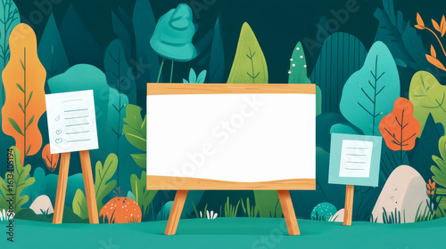 Blank presentation easel and notice board stands set amidst a lush, stylized natural landscape, ideal for educational content or outdoor event information.