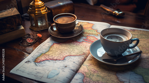 Photo of a cup of coffee sits on an antique map with vintage travel accessories creating a sense of adventure