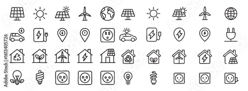 Eco-Friendly Energy Icons Set Vector Illustration Clean Energy Solutions Renewable Resources Sustainable Living Green Technology Solar Power Wind Energy Global Conservation