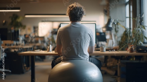 Man working at a desk, seated on a stability ball