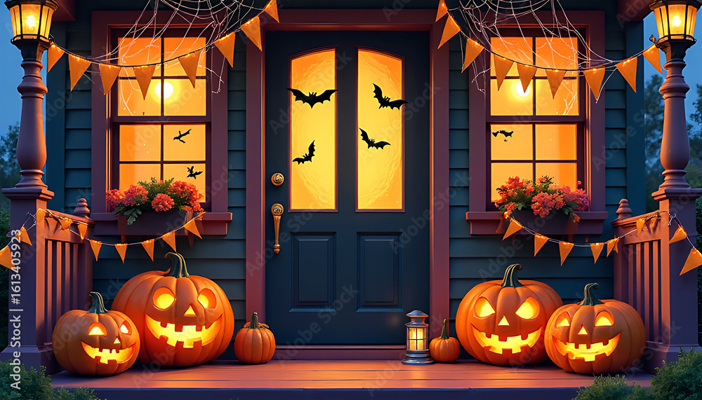 Obraz premium Festive halloween decorated house porch with glowing jack o lanterns