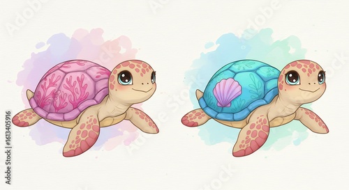 Two cute cartoon turtles in pastel colors